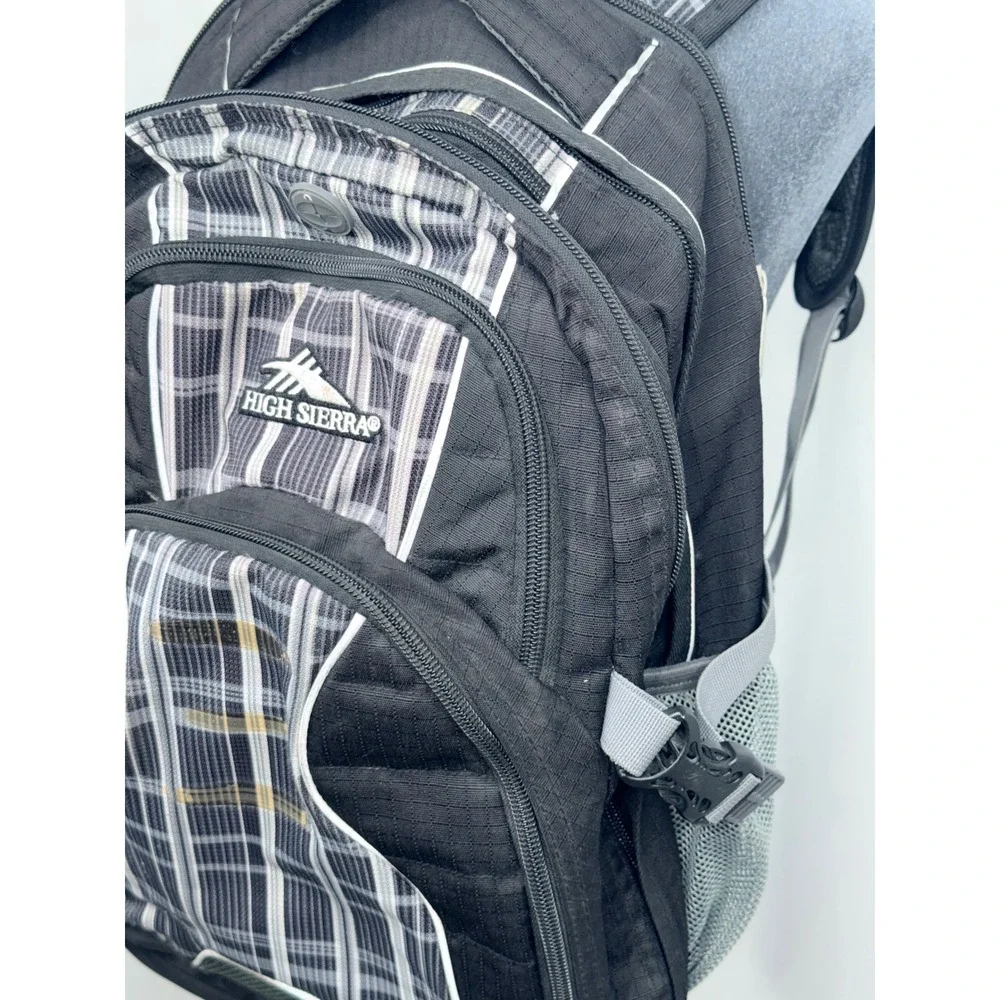 High Sierra Backpack Black Gray Plaid Multi Pocket Padded Laptop School Travel